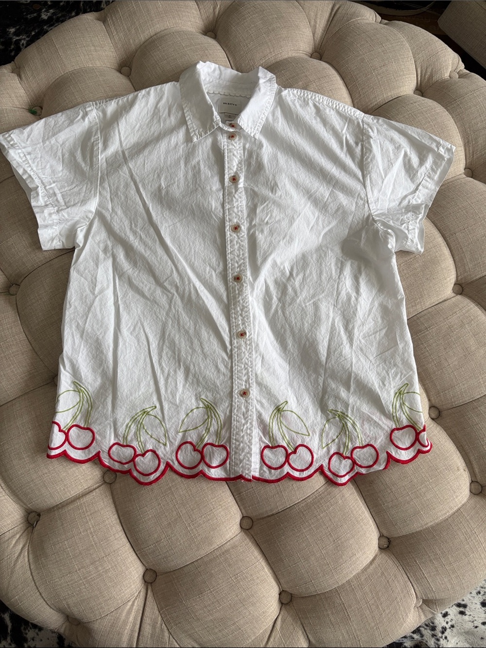 Anthropologie Maeve White Short-Sleeve Button-Front Shirt with Cherry Embroidery